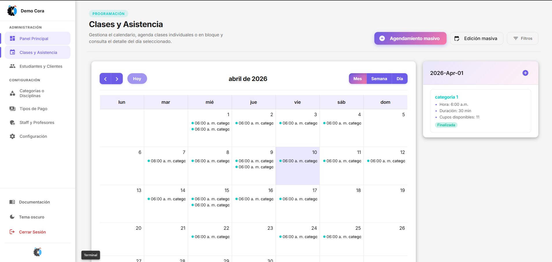 Calendario de agendamiento CORA