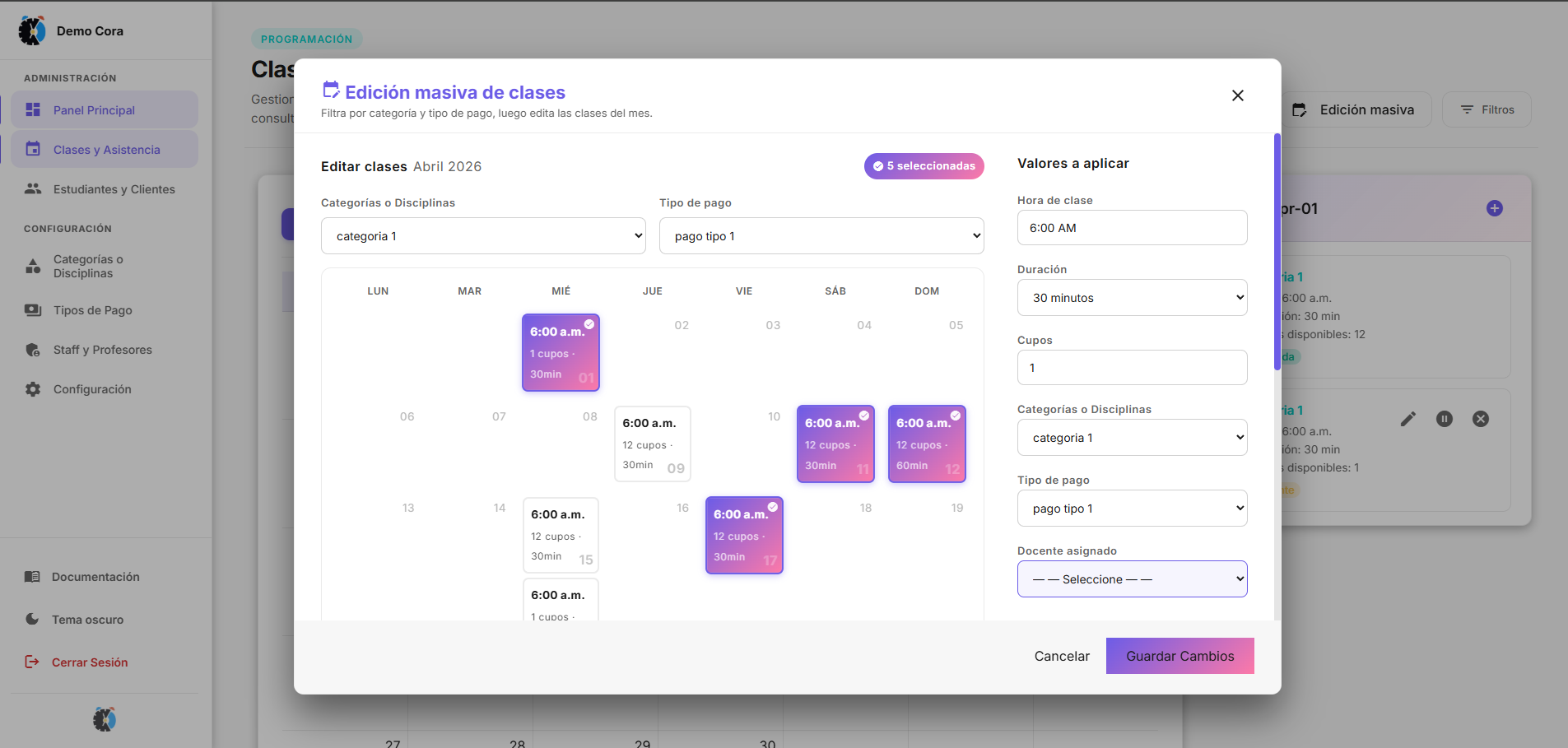 Edición masiva de clases CORA