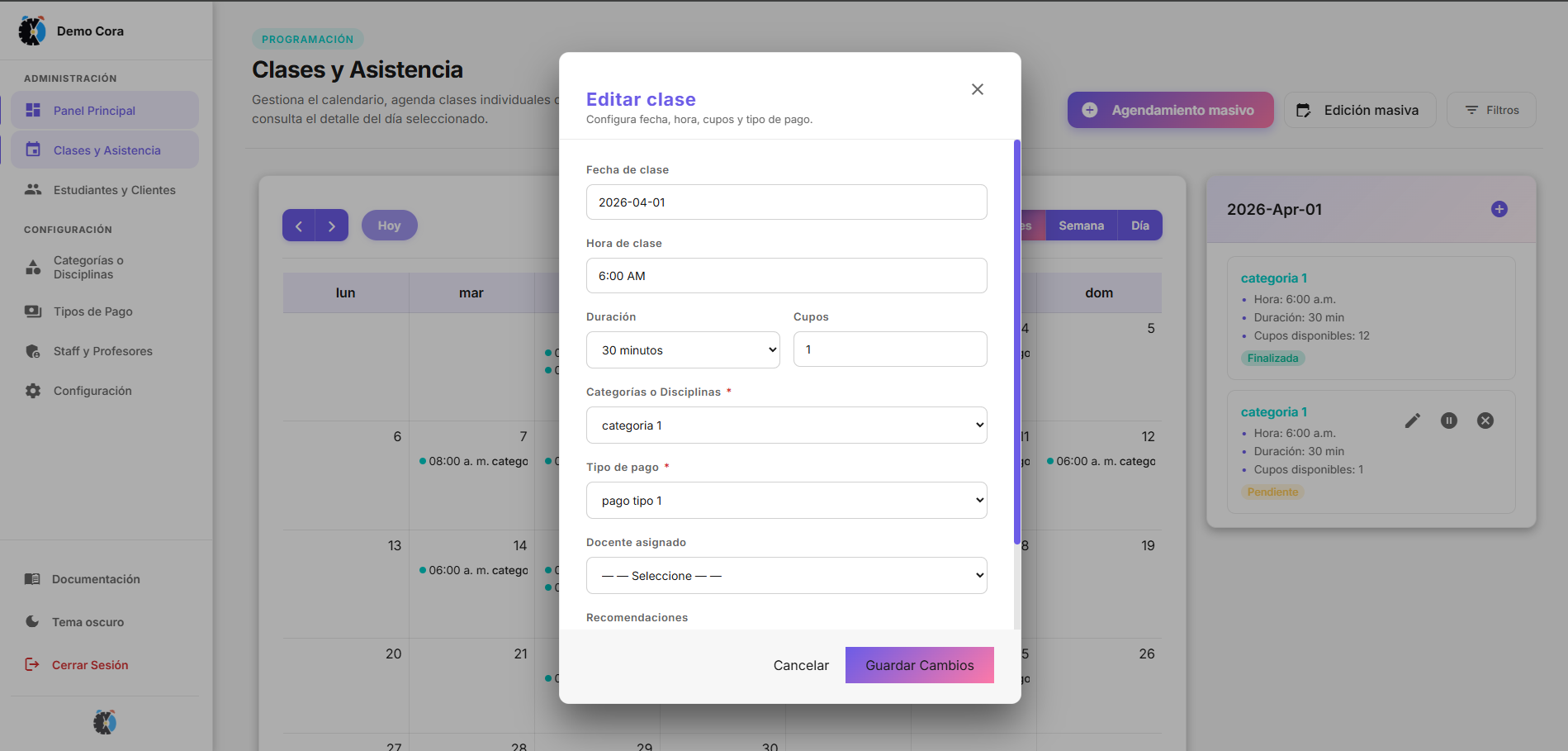 Edición de clase individual CORA
